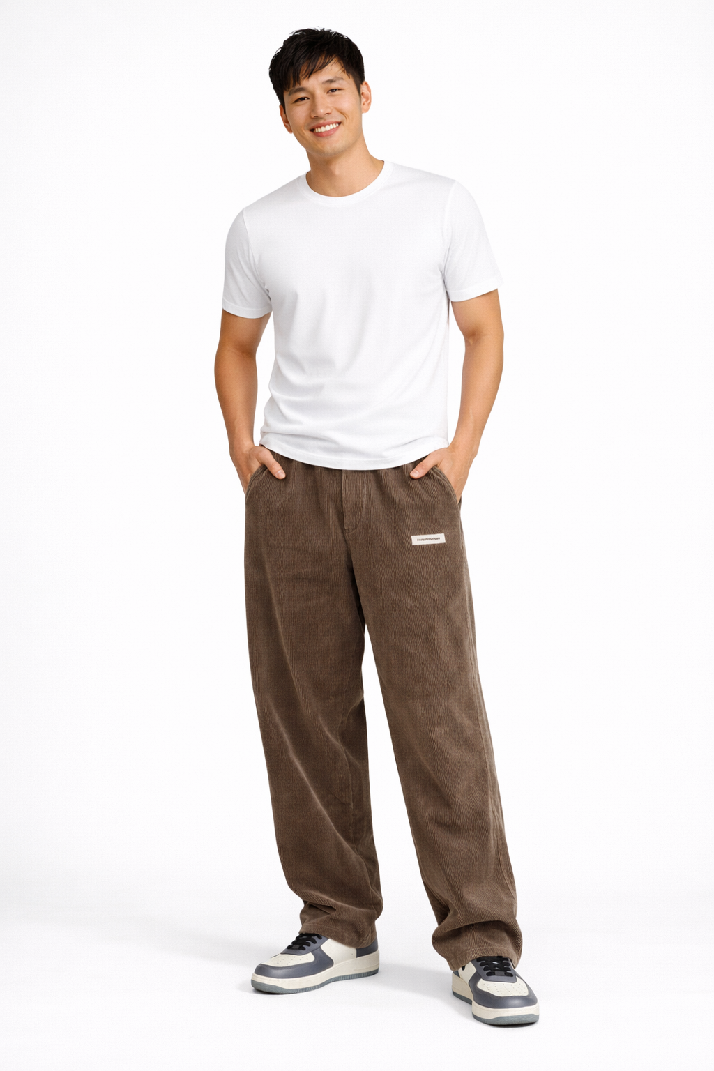 Men's Corduroy Drawstring Pants with Loose Straight Leg - Brown