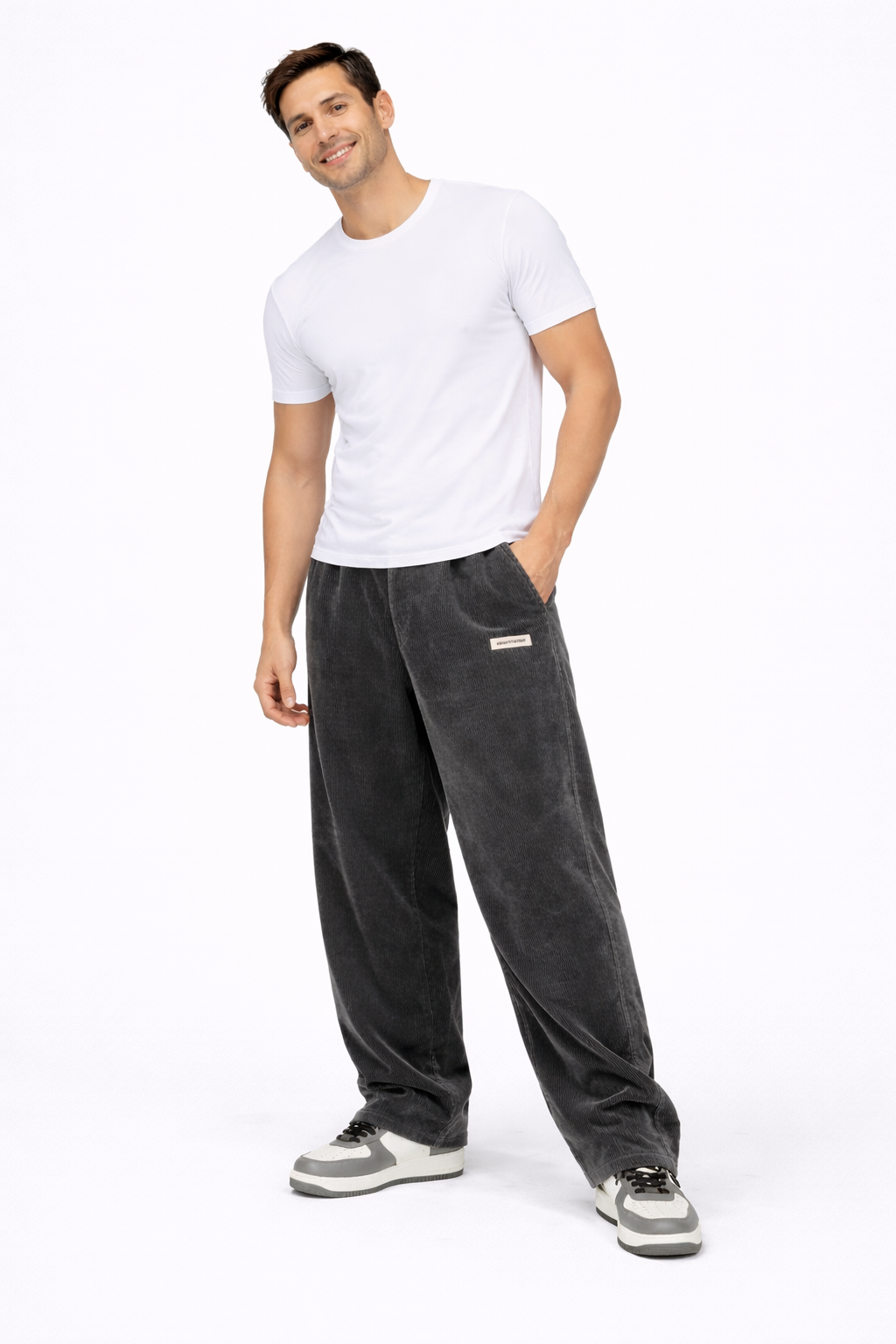Men's Corduroy Drawstring Pants with Loose Straight Leg - Dark Gray