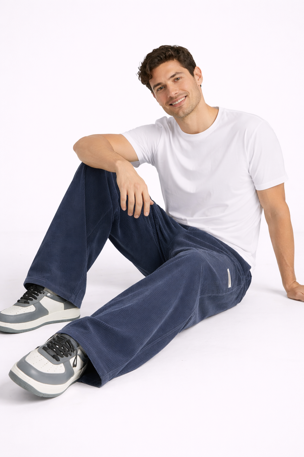 Men's Corduroy Drawstring Pants with Loose Straight Leg - Blue