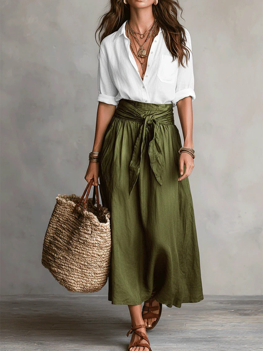 Women's Relaxed Shirt and Tie-Waist Midi Skirt Set - White