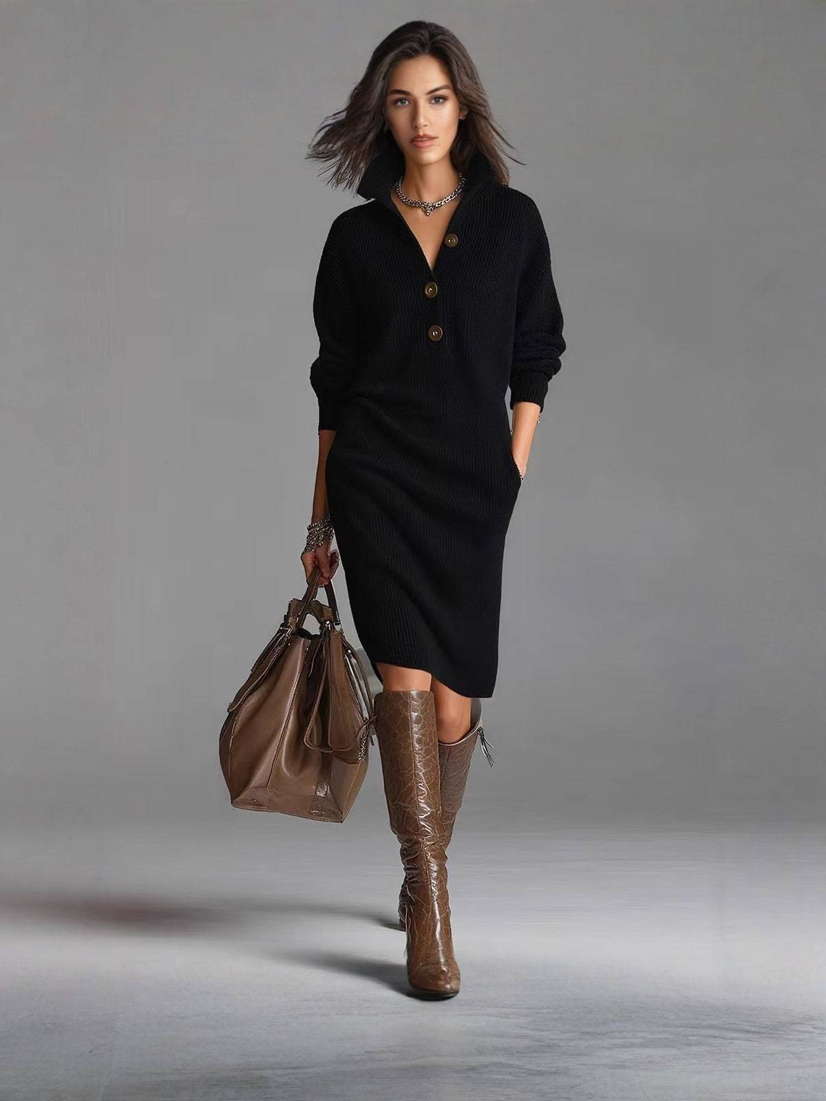 Women's Ribbed Knit Sweater Dress with Buttoned Stand Collar