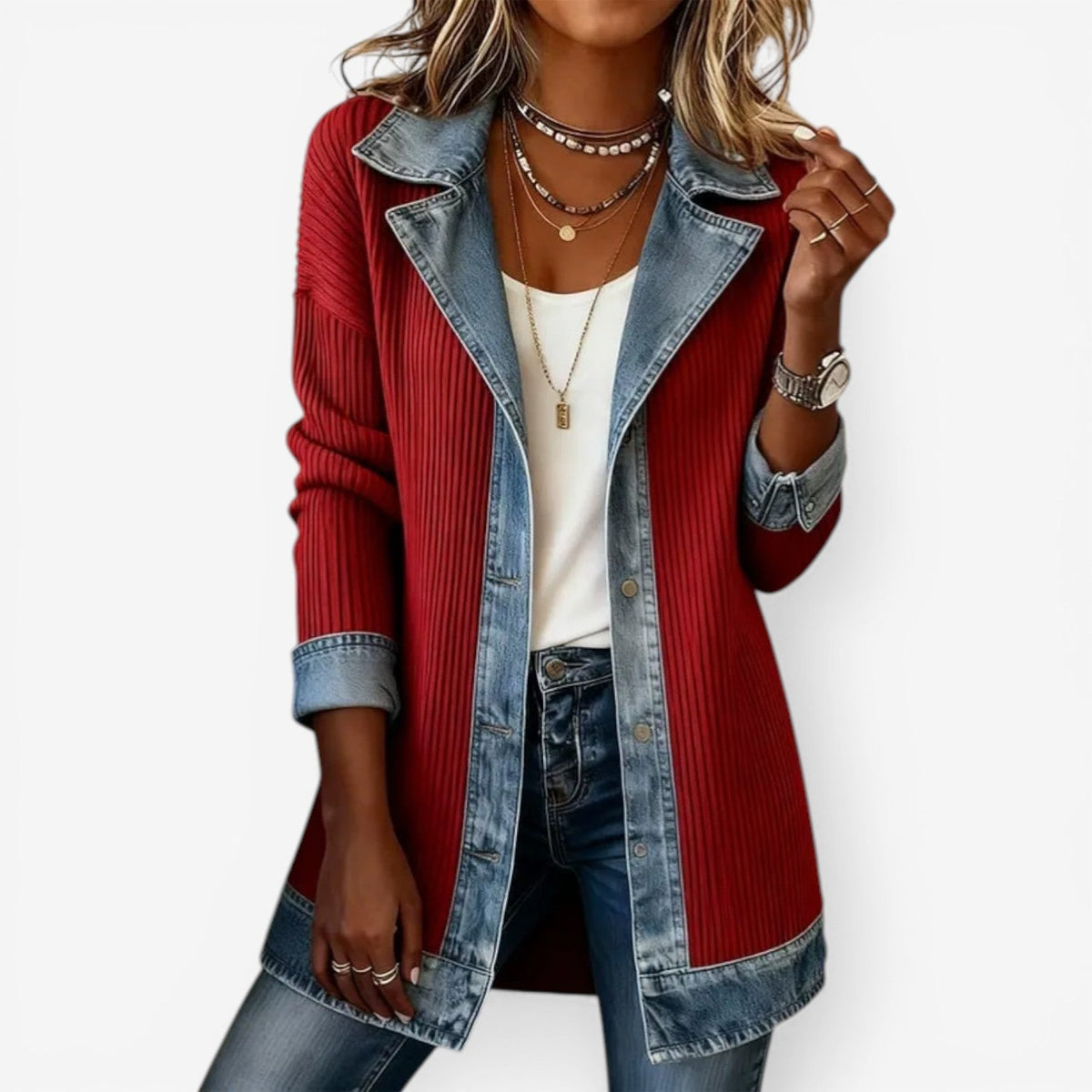 Women's Knit and Denim Layered Collar Button Jacket