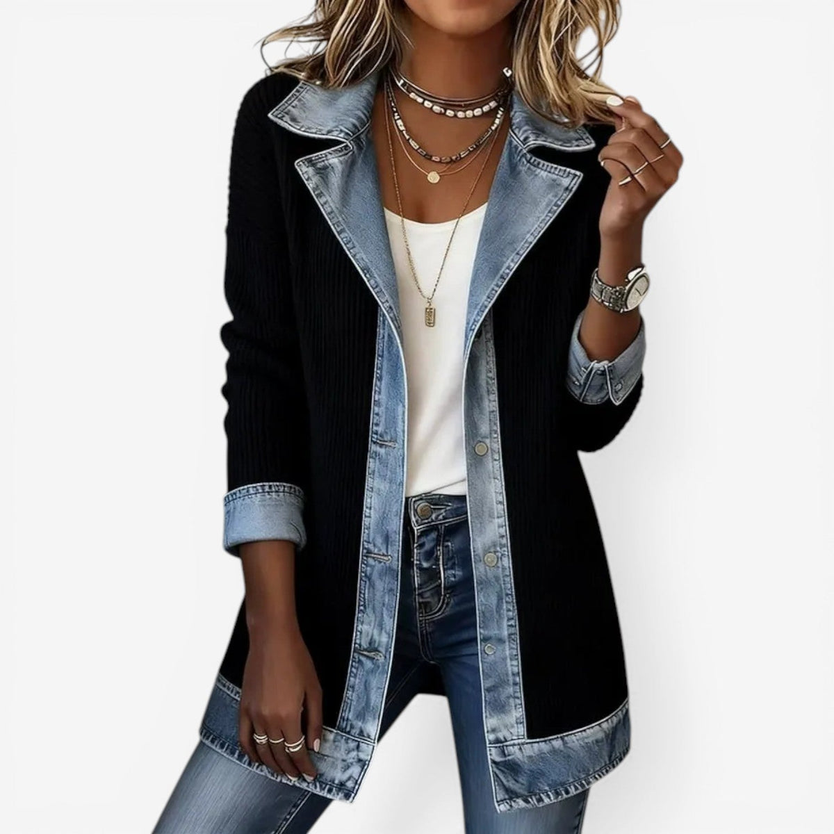 Women's Knit and Denim Layered Collar Button Jacket