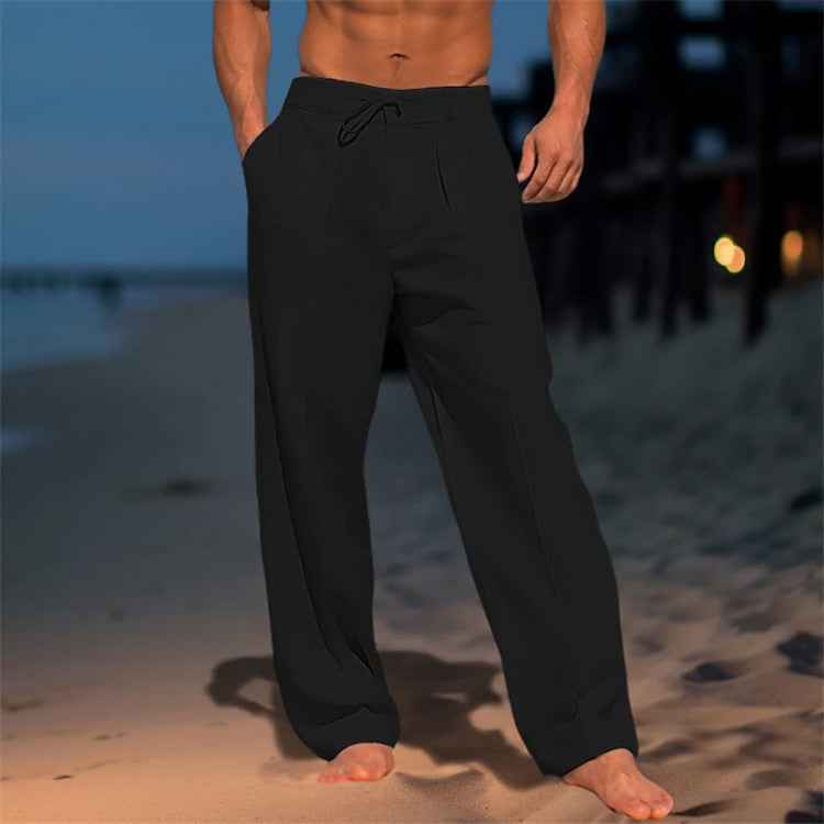 Men's Pleated Drawstring Trousers - Black