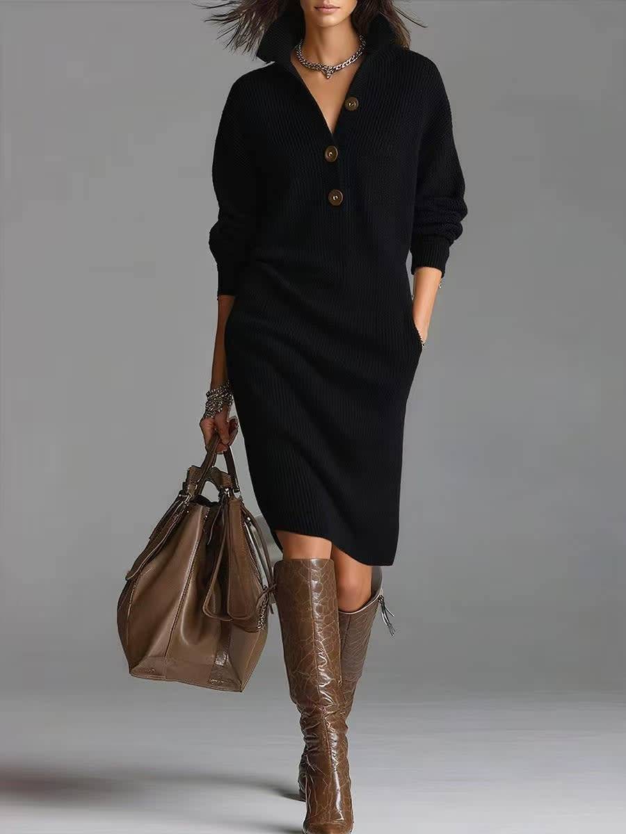 Women's Ribbed Knit Sweater Dress with Buttoned Stand Collar - Black