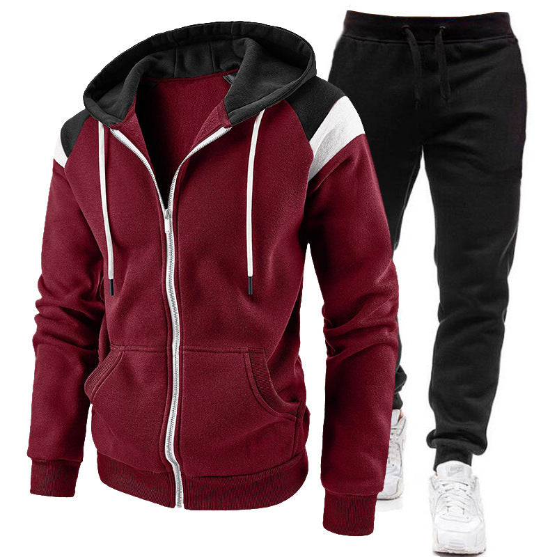 Men's Panelled Zip Hoodie and Fleece Jogger Set - Wine Red/Black