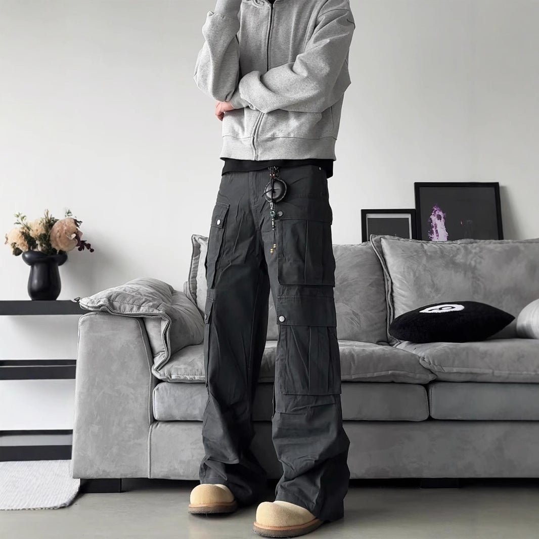 Men's Wide-Leg Multi-Pocket Cargo Trousers - Dark Gray