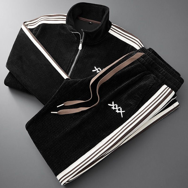 Men's Ribbed Zip Jacket and Jogger Tracksuit Set - Black
