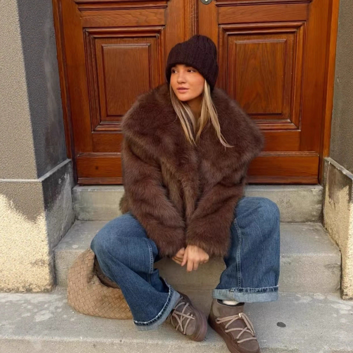 Women's Plush Faux Fur Short Coat with Statement Collar