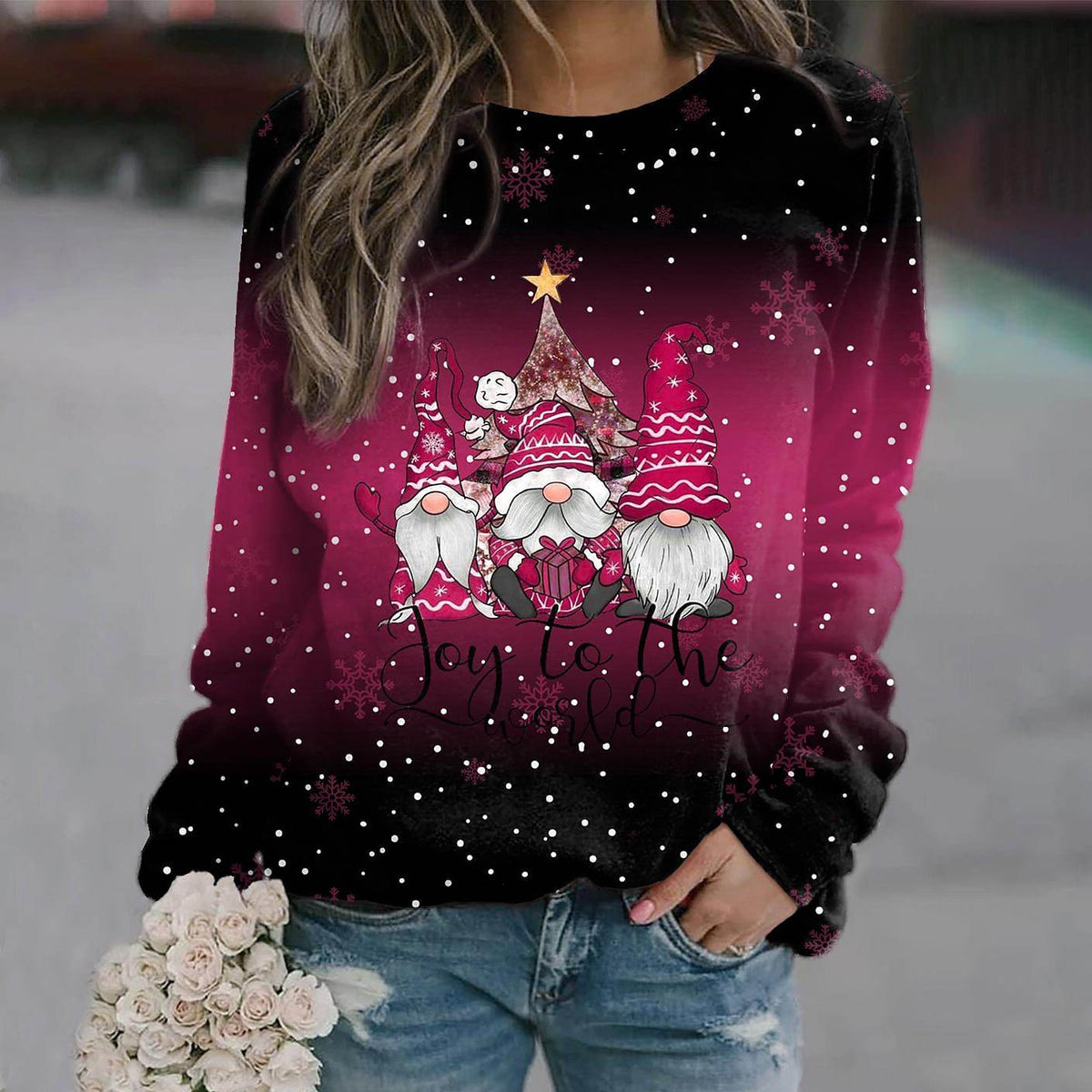 Women's Christmas Gnome Graphic Crew Neck Sweatshirt - Hot Pink