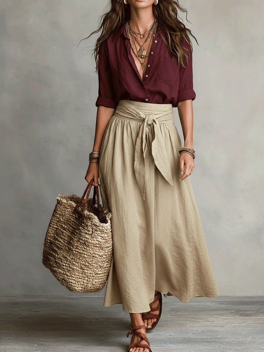 Women's Relaxed Shirt and Tie-Waist Midi Skirt Set - Red