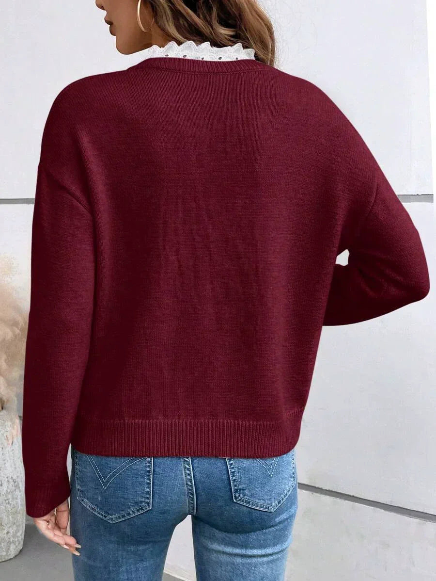 Women's Ribbed Knit Lace Collar Blouse
