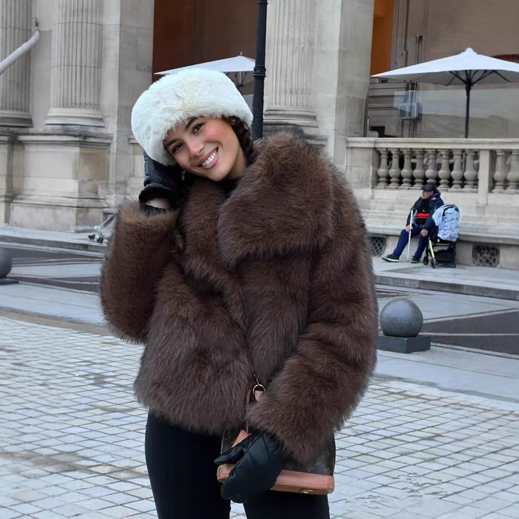 Women's Plush Faux Fur Short Coat with Statement Collar