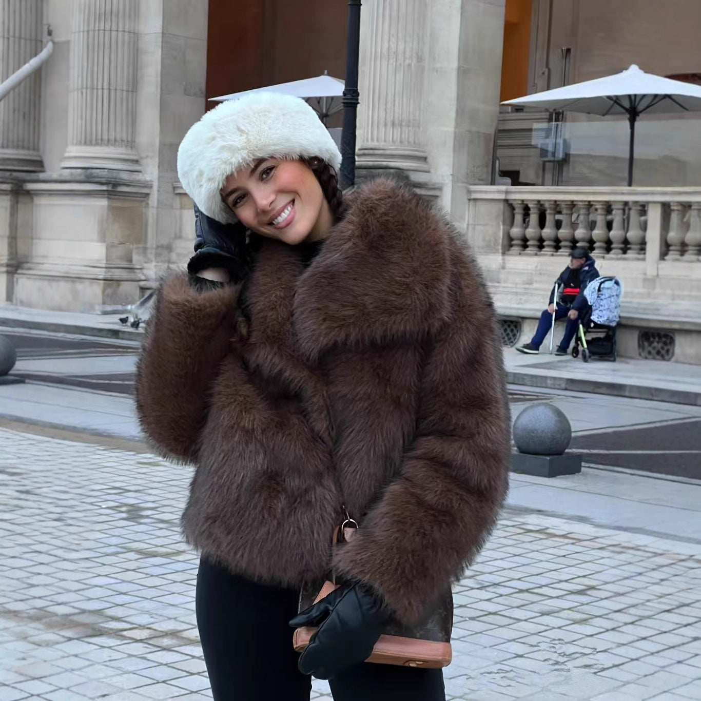 Women's Plush Faux Fur Short Coat with Statement Collar