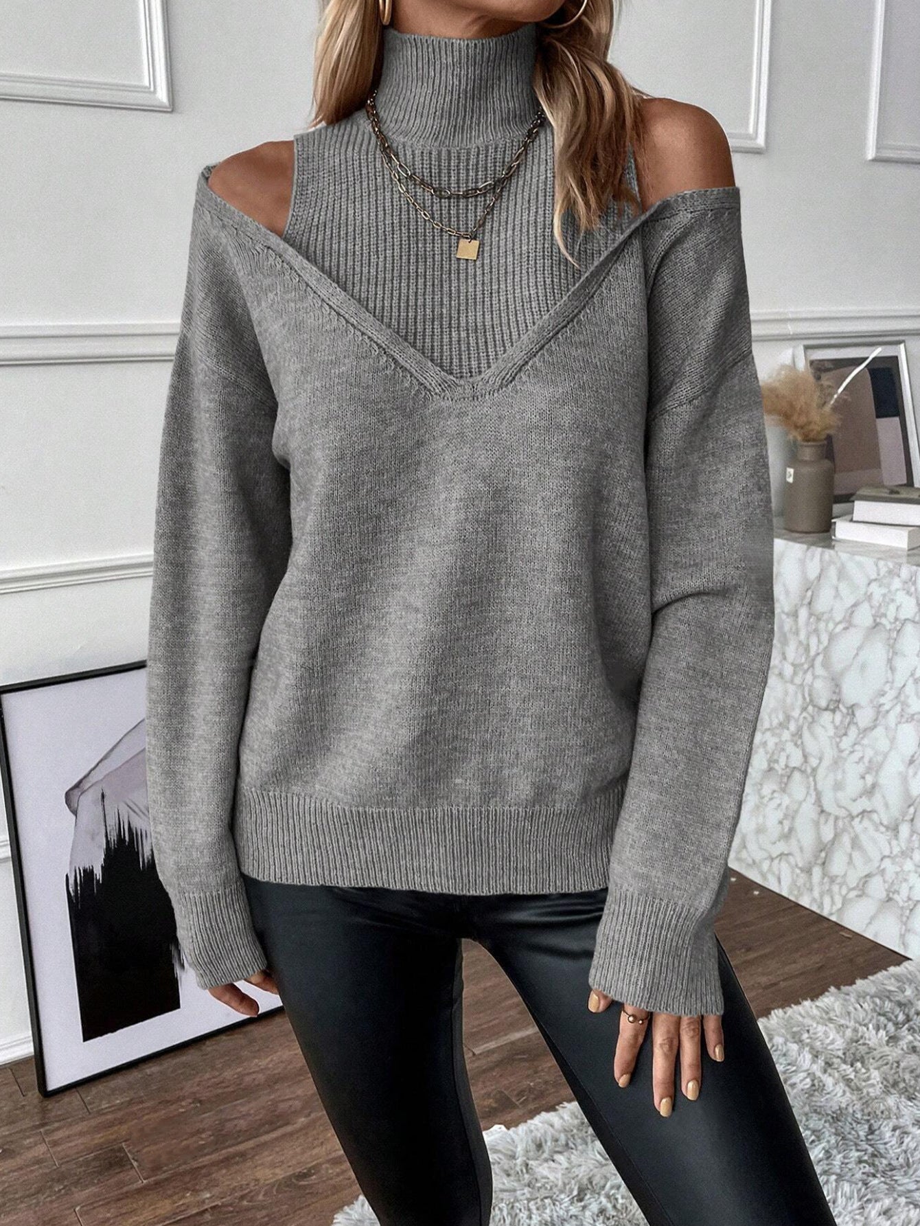 Women's Cold-Shoulder Turtleneck Sweater Layered Knit for Winter Wear
