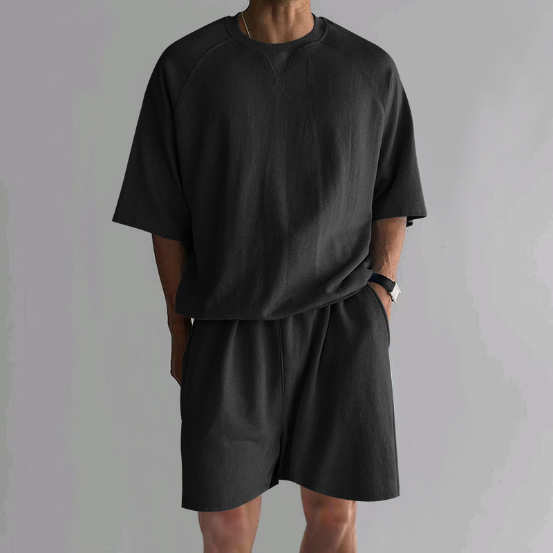 Men's Terry Drawstring Shorts and T-Shirt Set - Black