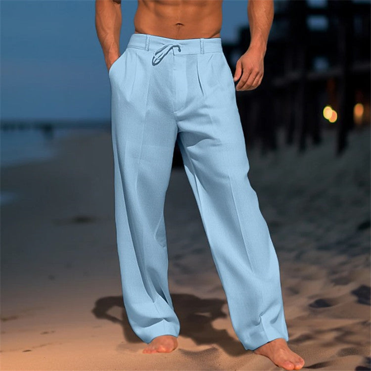 Men's Pleated Drawstring Trousers - Sky Blue