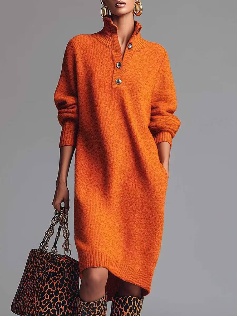 Women's Ribbed Knit Sweater Dress with Buttoned Stand Collar - Orange