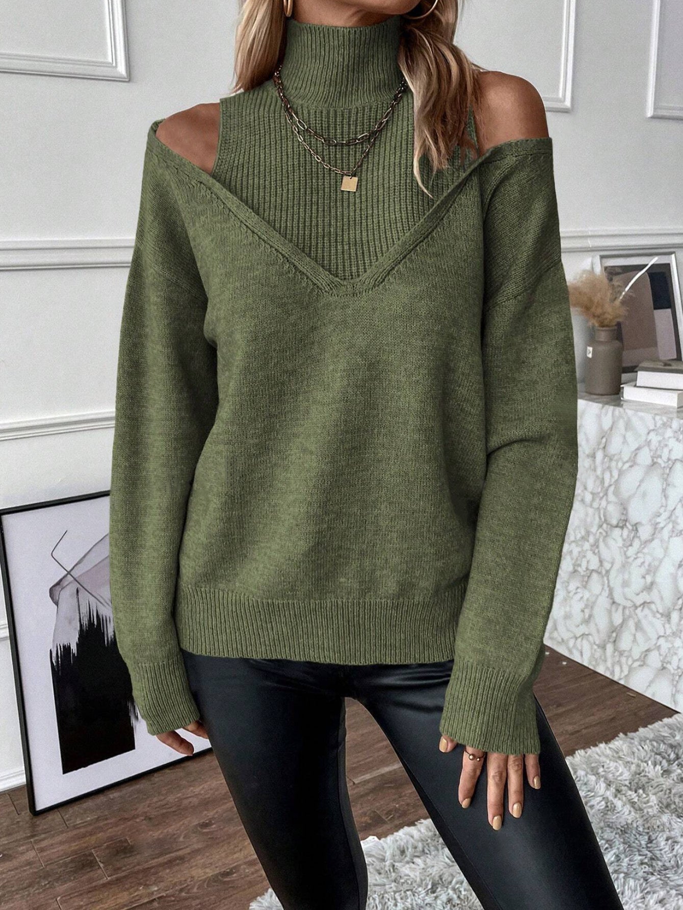 Women's Cold-Shoulder Turtleneck Sweater Layered Knit for Winter Wear