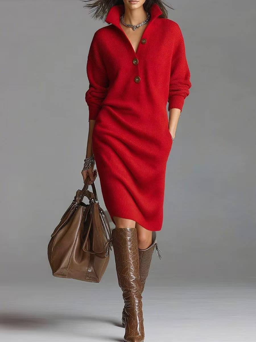 Women's Ribbed Knit Sweater Dress with Buttoned Stand Collar - Red
