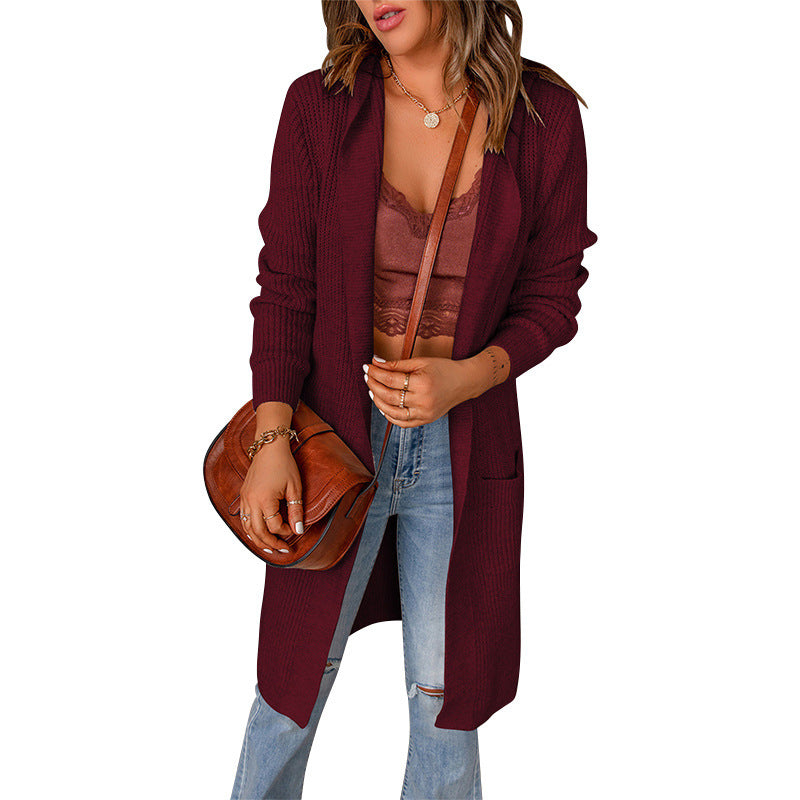 Women's Soft Knit Longline Cardigan with Ribbed Cuffs - Wine Red