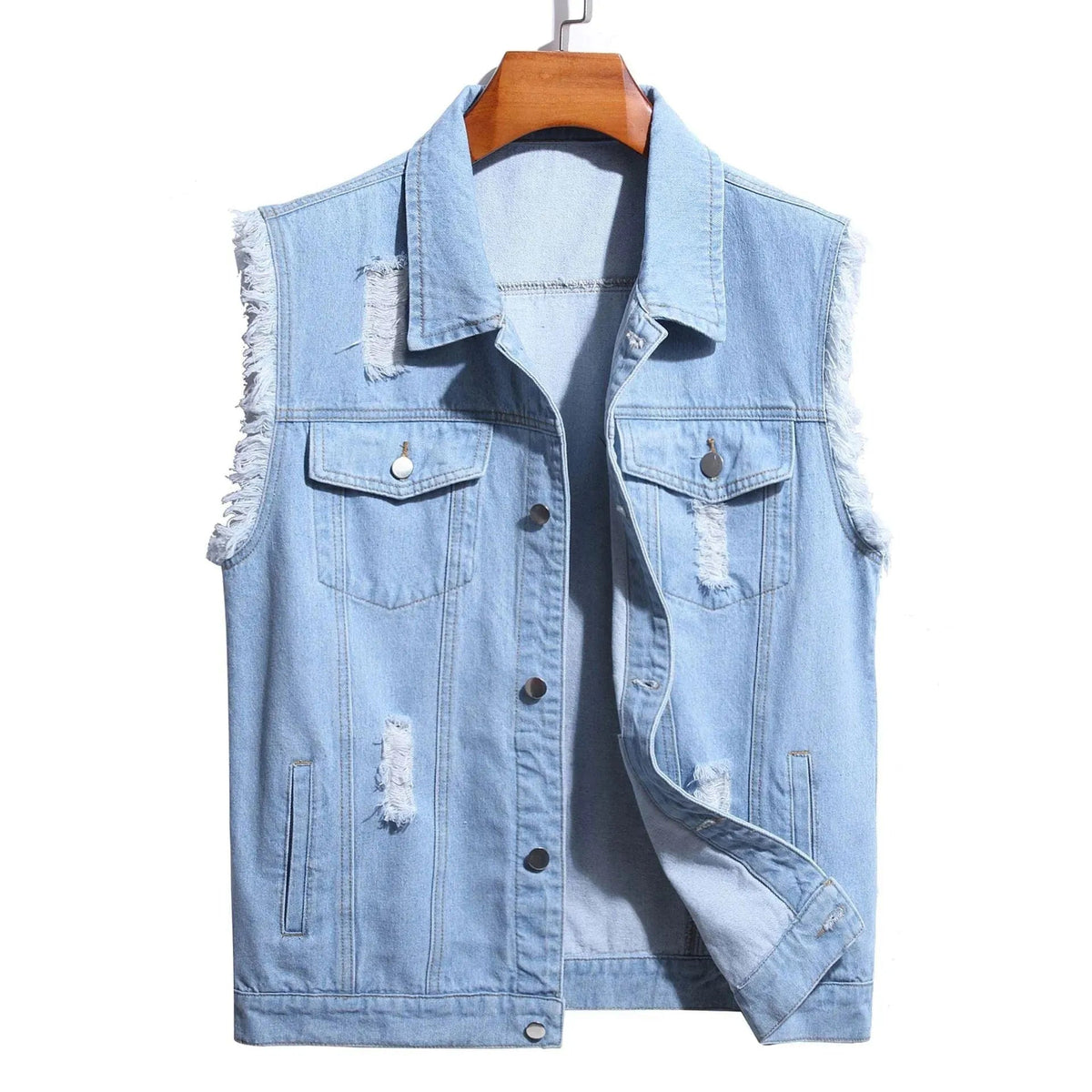 Men's Distressed Denim Sleeveless Vest - Light Blue