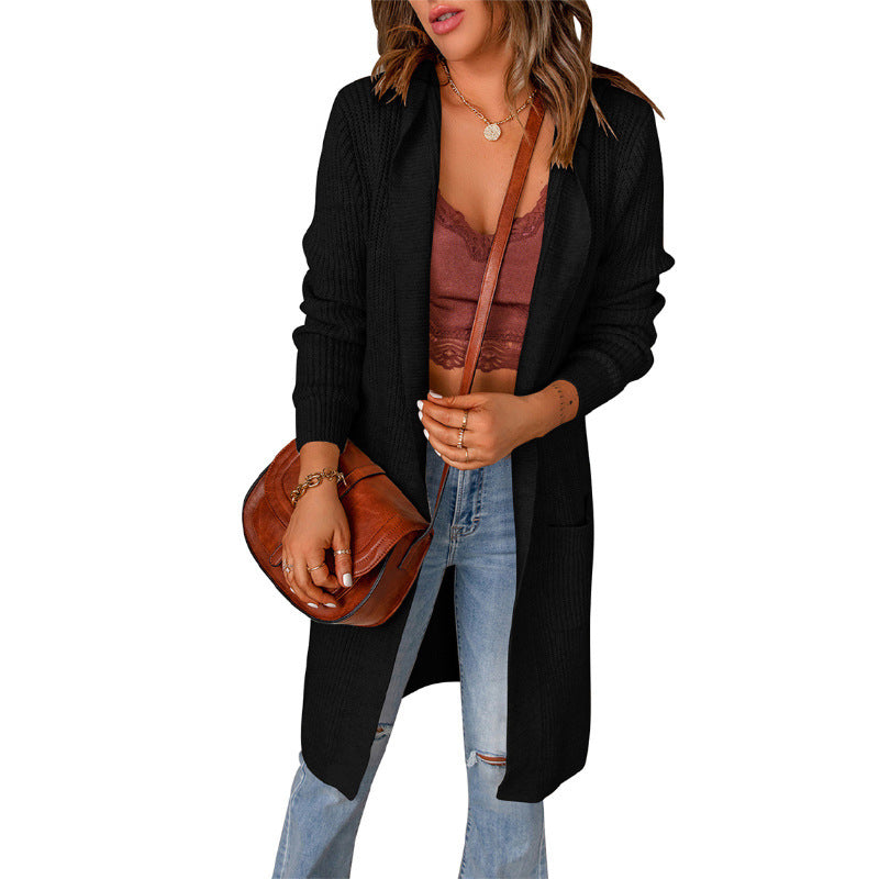 Women's Soft Knit Longline Cardigan with Ribbed Cuffs - Black