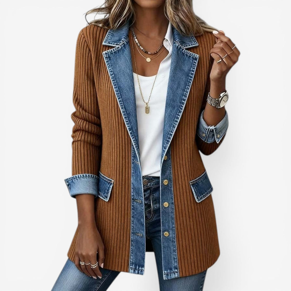 Women's Knit and Denim Layered Collar Button Jacket