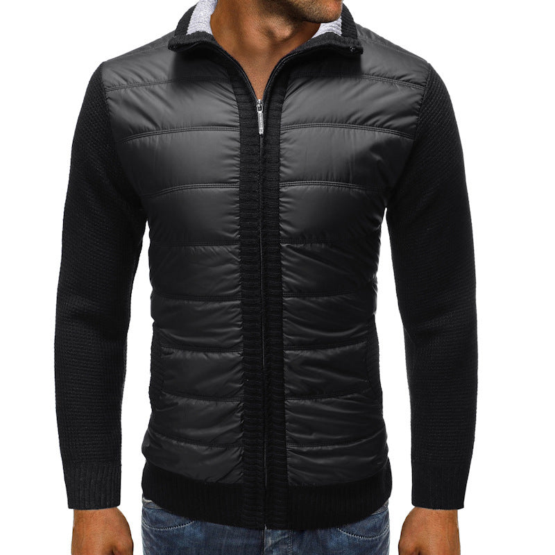Men's Padded Hybrid Jacket with Knit Sleeves and Ribbed Collar - Black