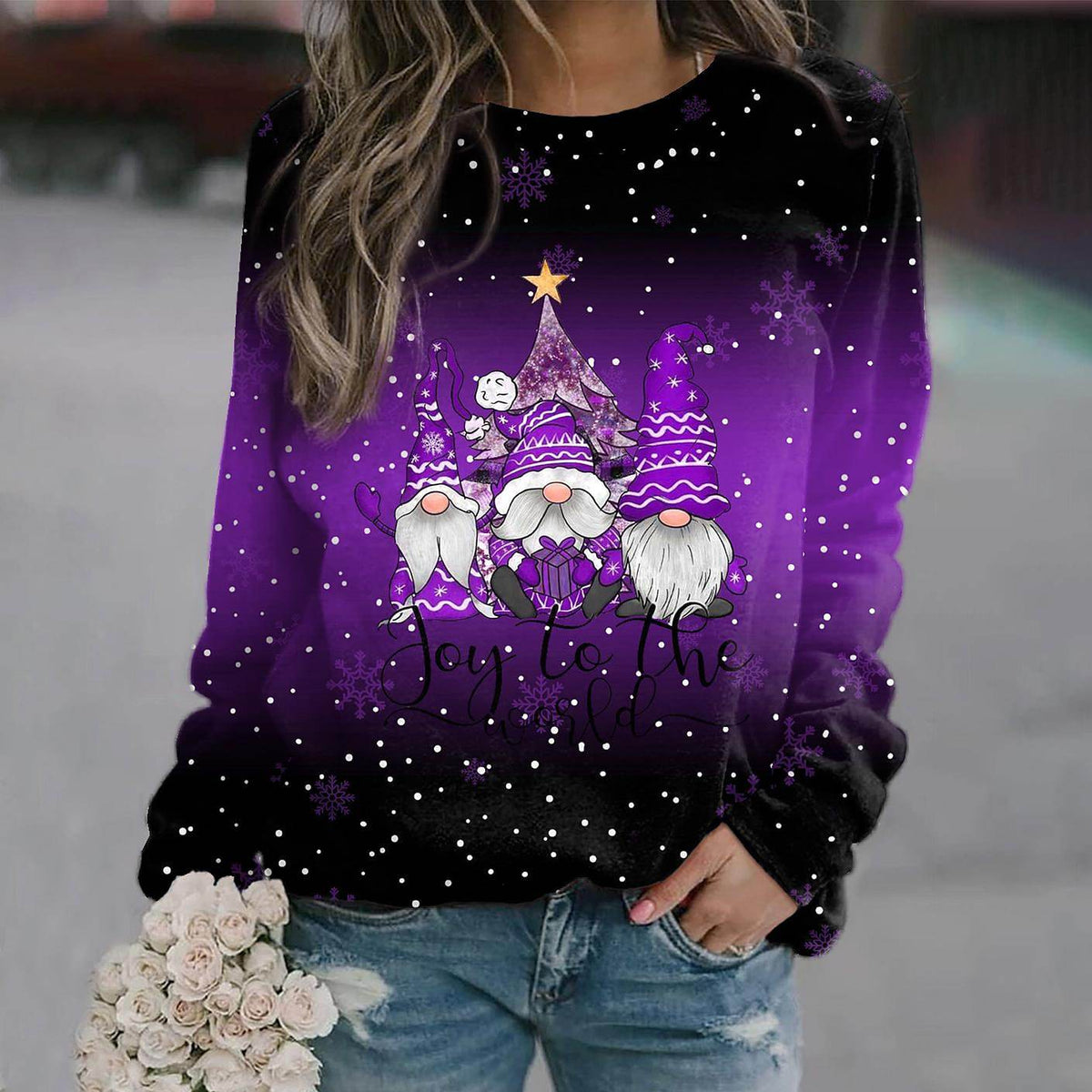 Women's Christmas Gnome Graphic Crew Neck Sweatshirt - Purple