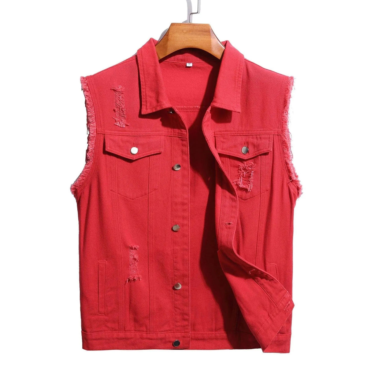 Men's Distressed Denim Sleeveless Vest - Red