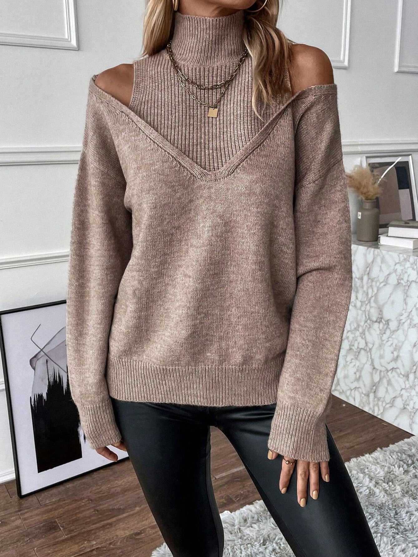 Women's Cold-Shoulder Turtleneck Sweater Layered Knit for Winter Wear