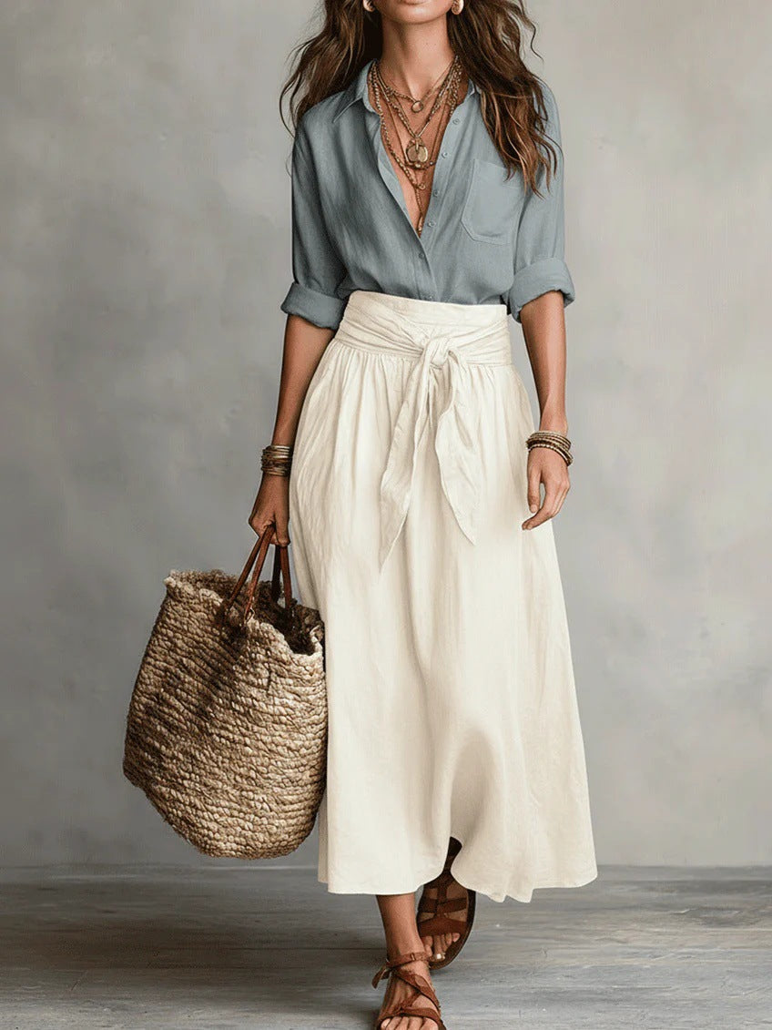 Women's Relaxed Shirt and Tie-Waist Midi Skirt Set - Light Blue