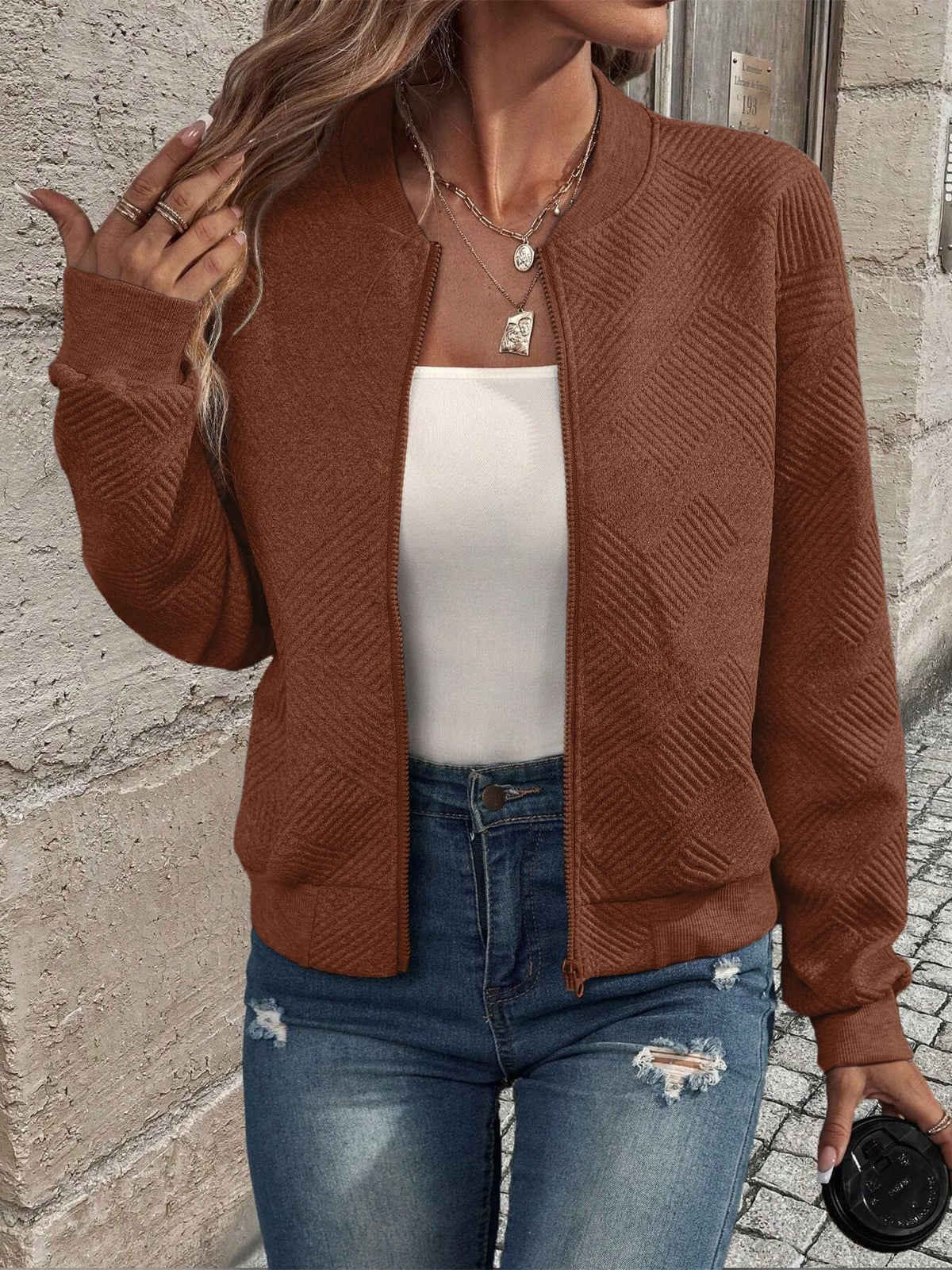 Women's Textured Full-Zip Relaxed Knit Cardigan - Brown