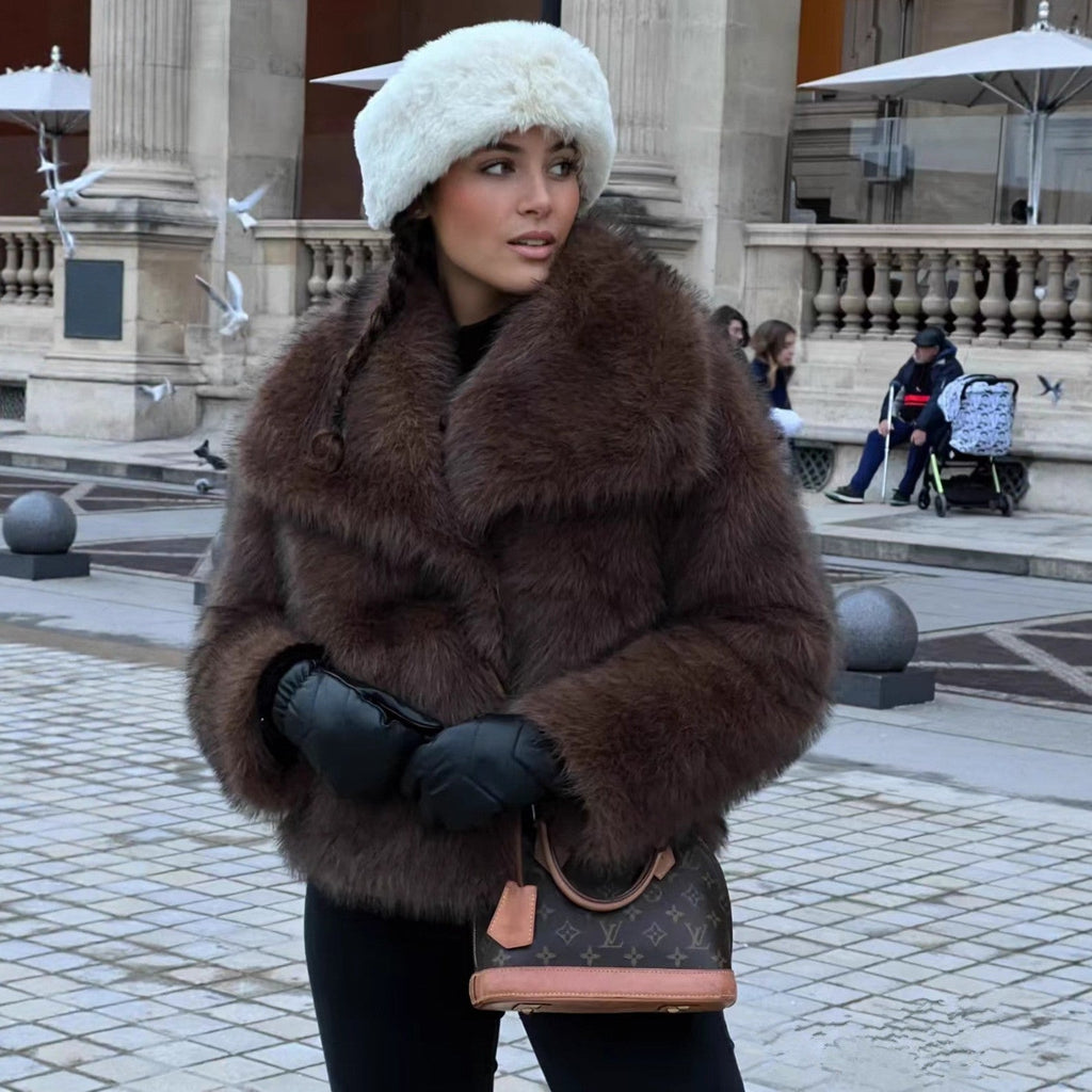 Women's Plush Faux Fur Short Coat with Statement Collar