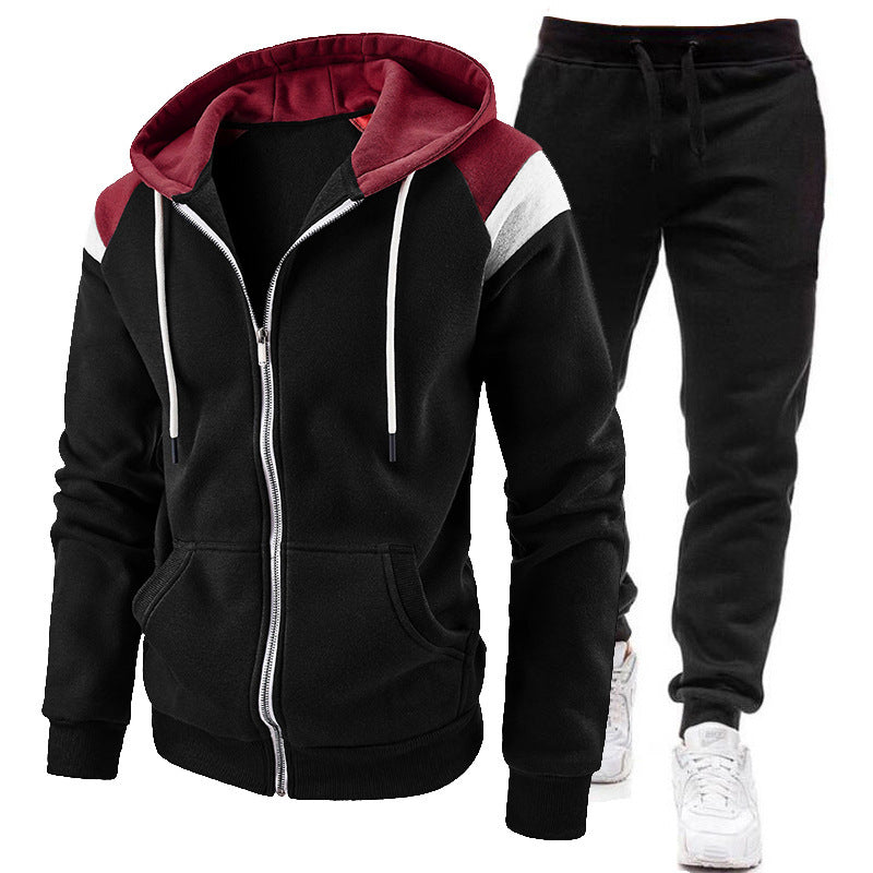 Men's Panelled Zip Hoodie and Fleece Jogger Set - Black