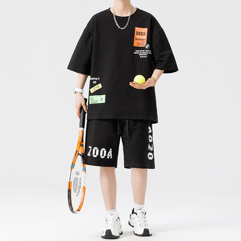 Men's Printed Oversized T-Shirt and Relaxed Shorts Set - Black
