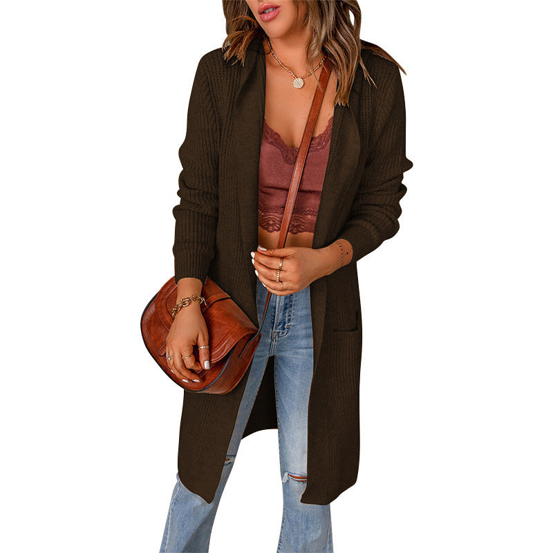 Women's Soft Knit Longline Cardigan with Ribbed Cuffs - Dark Brown