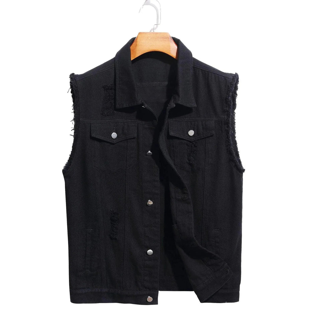 Men's Distressed Denim Sleeveless Vest - Black
