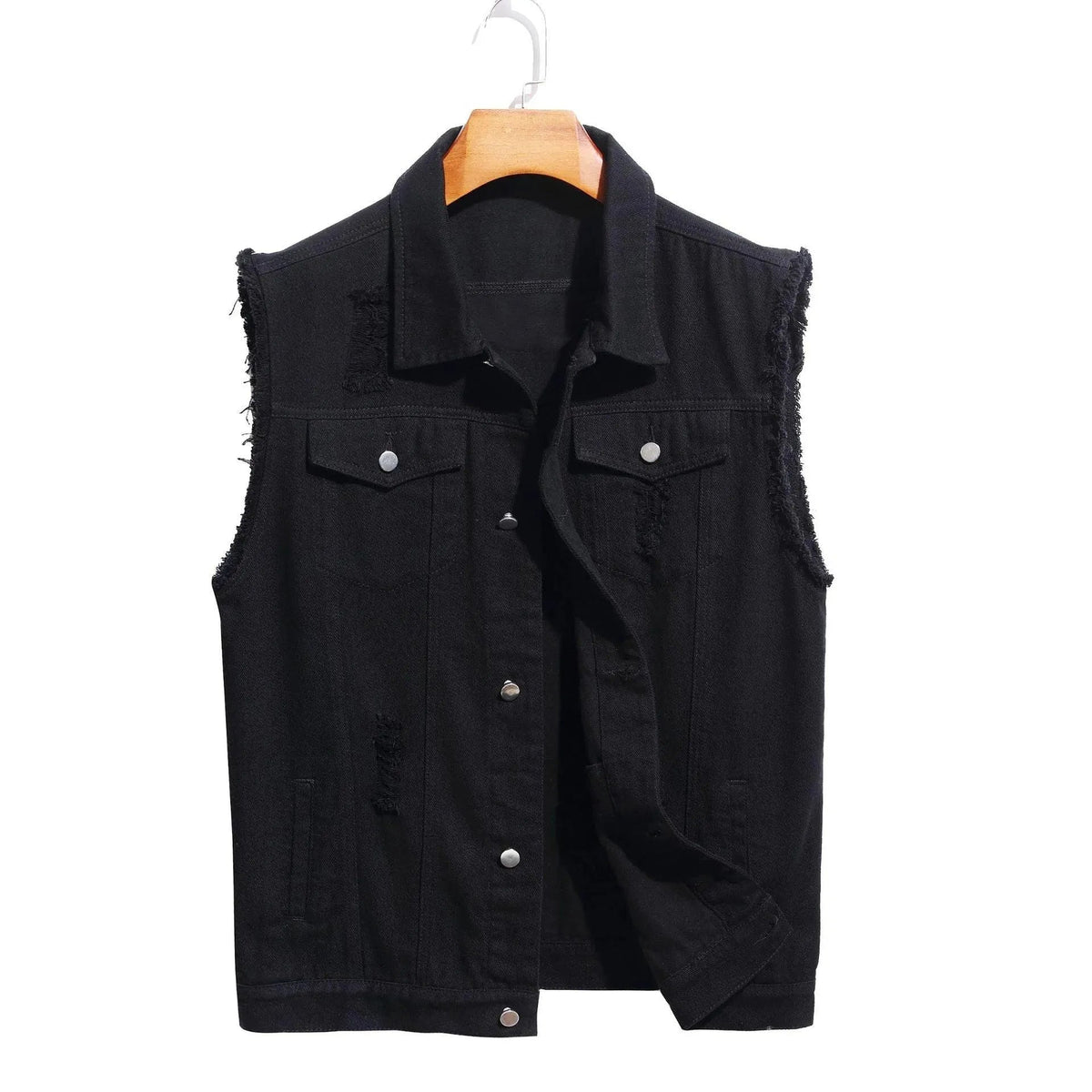 Men's Distressed Denim Sleeveless Vest - Black