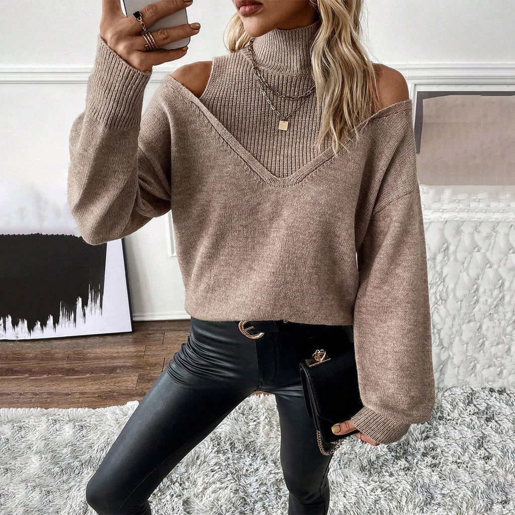 Women's Cold-Shoulder Turtleneck Sweater Layered Knit for Winter Wear