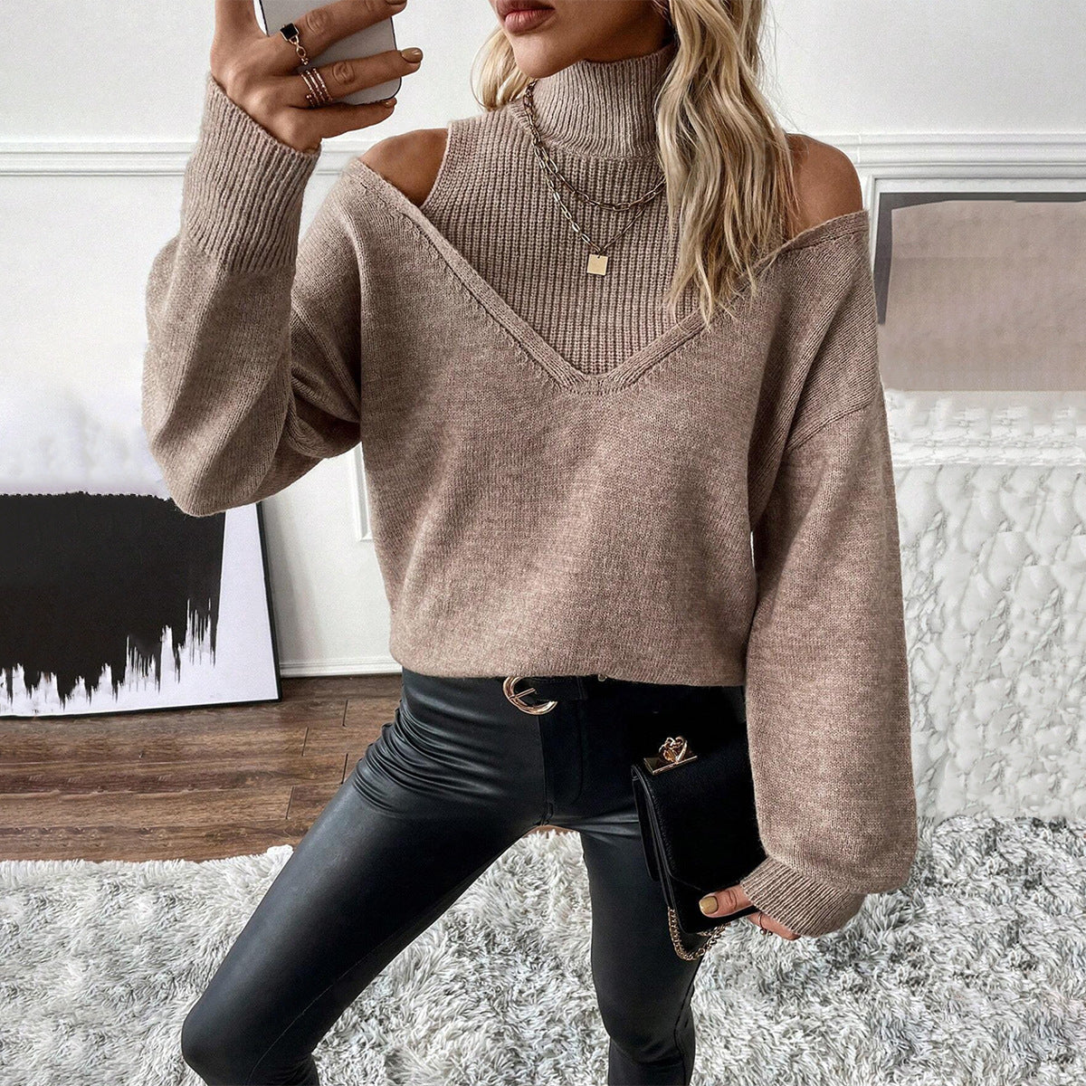 Women's Cold-Shoulder Turtleneck Sweater Layered Knit for Winter Wear