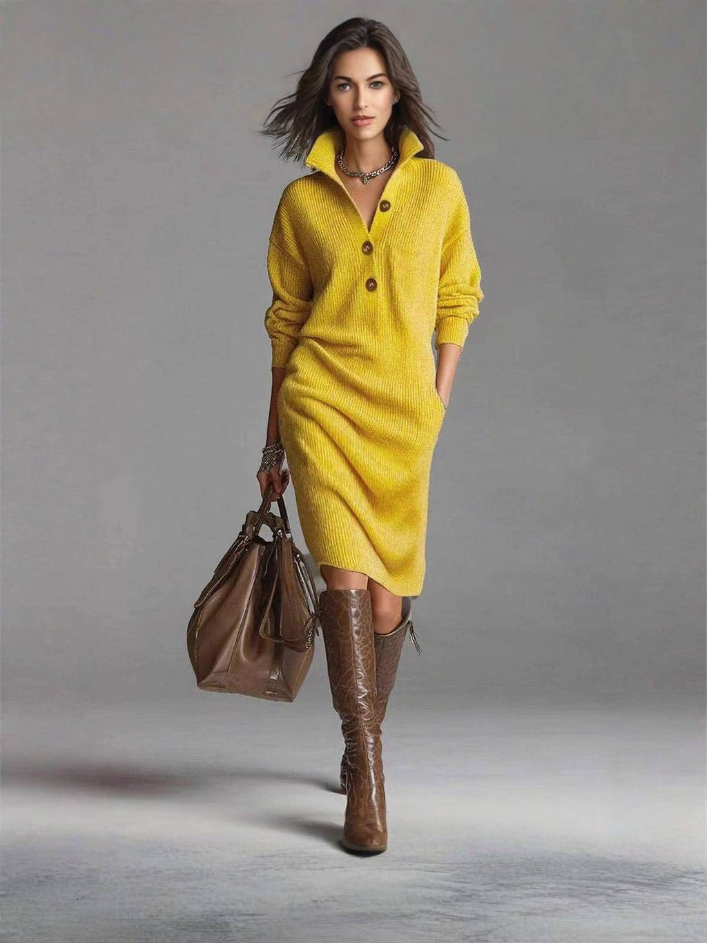 Women's Ribbed Knit Sweater Dress with Buttoned Stand Collar