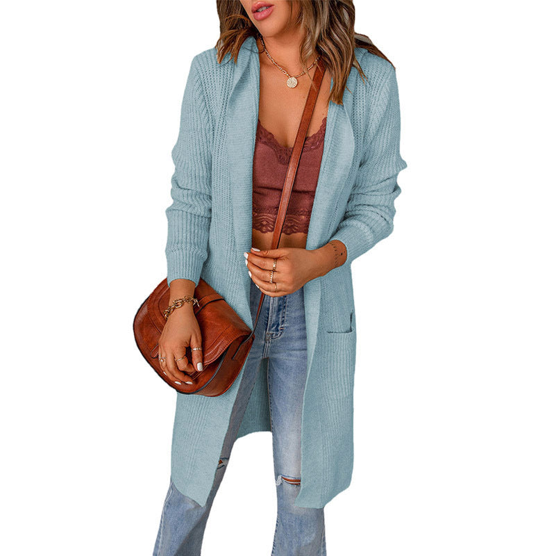 Women's Soft Knit Longline Cardigan with Ribbed Cuffs - Light Blue