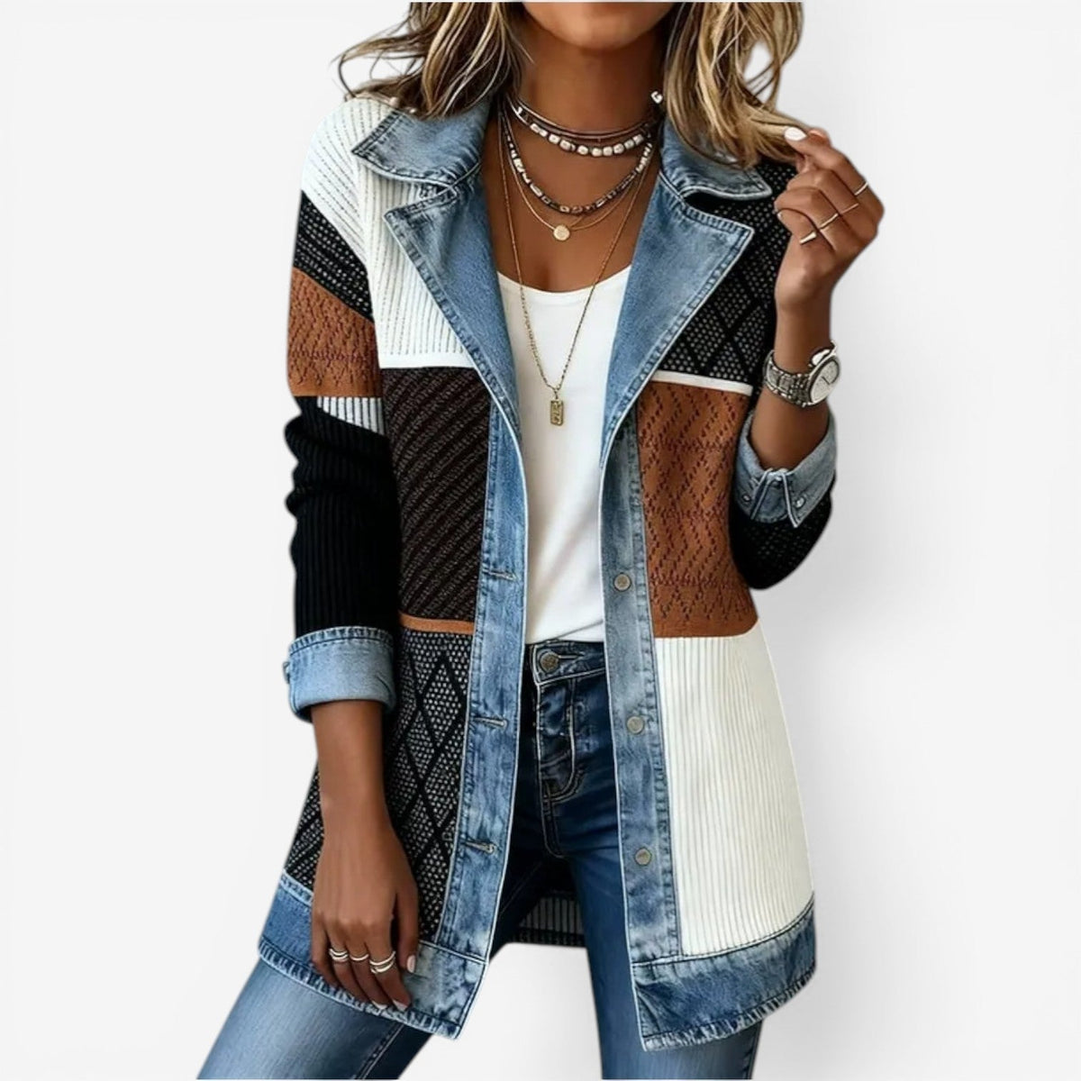 Women's Knit and Denim Layered Collar Button Jacket