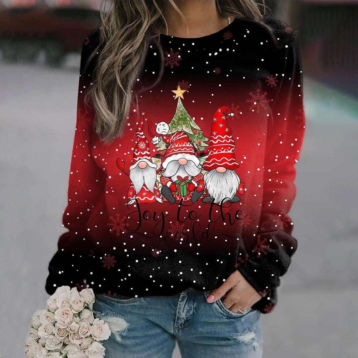 Women's Christmas Gnome Graphic Crew Neck Sweatshirt - Red