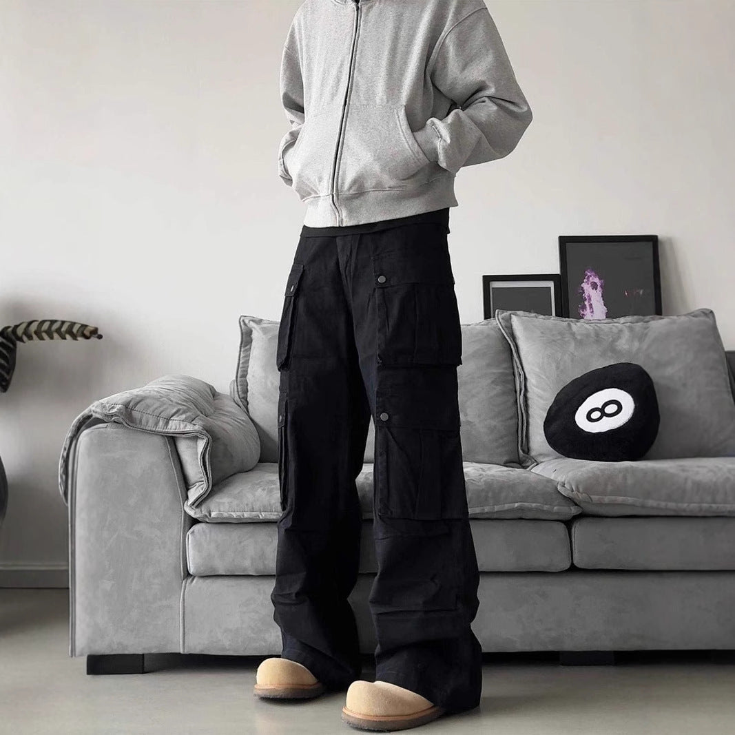 Men's Wide-Leg Multi-Pocket Cargo Trousers - Black