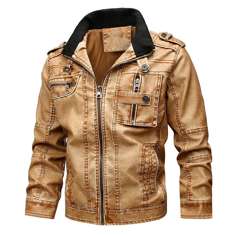 Men's Multi-Pocket Utility Leather Jacket - Black