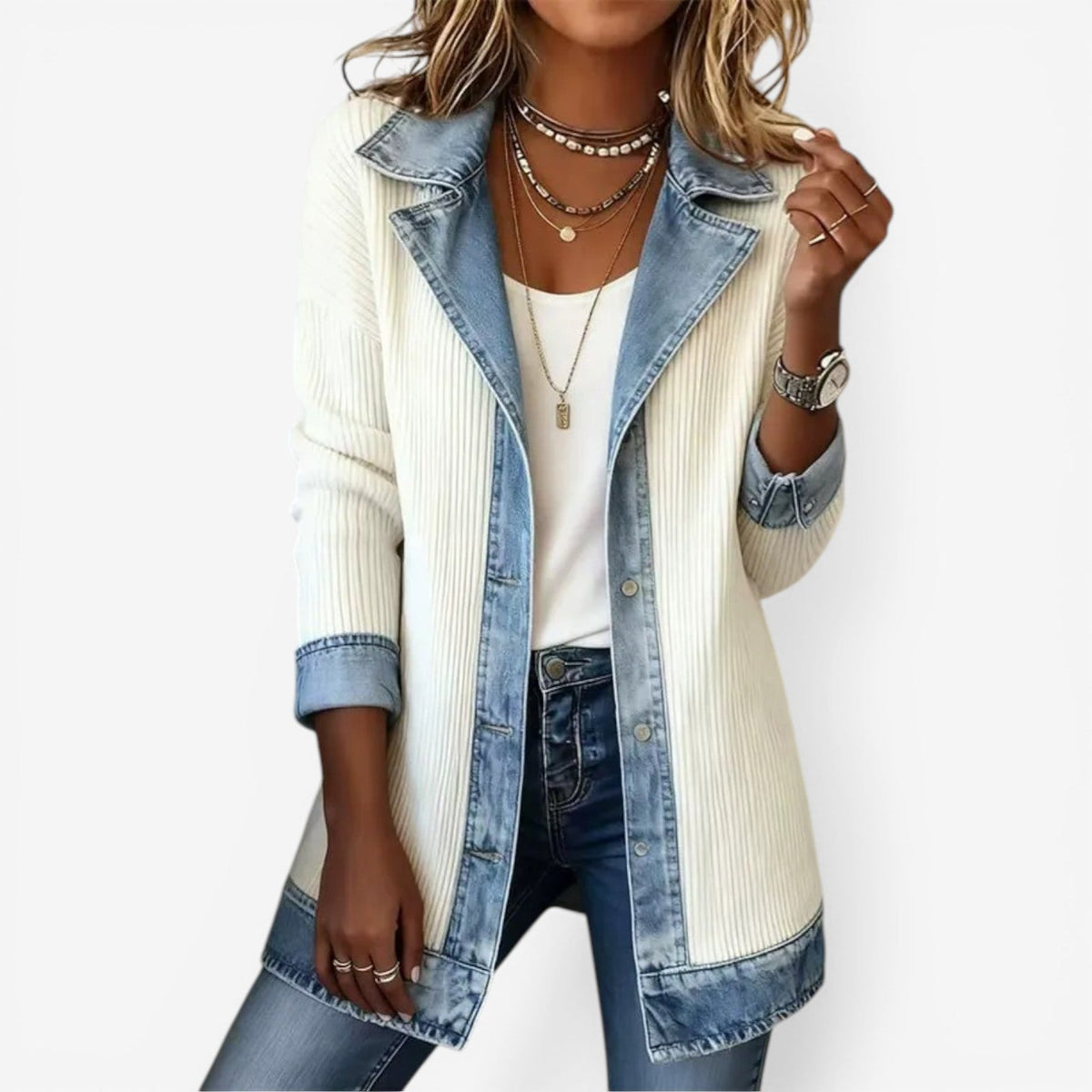 Women's Knit and Denim Layered Collar Button Jacket