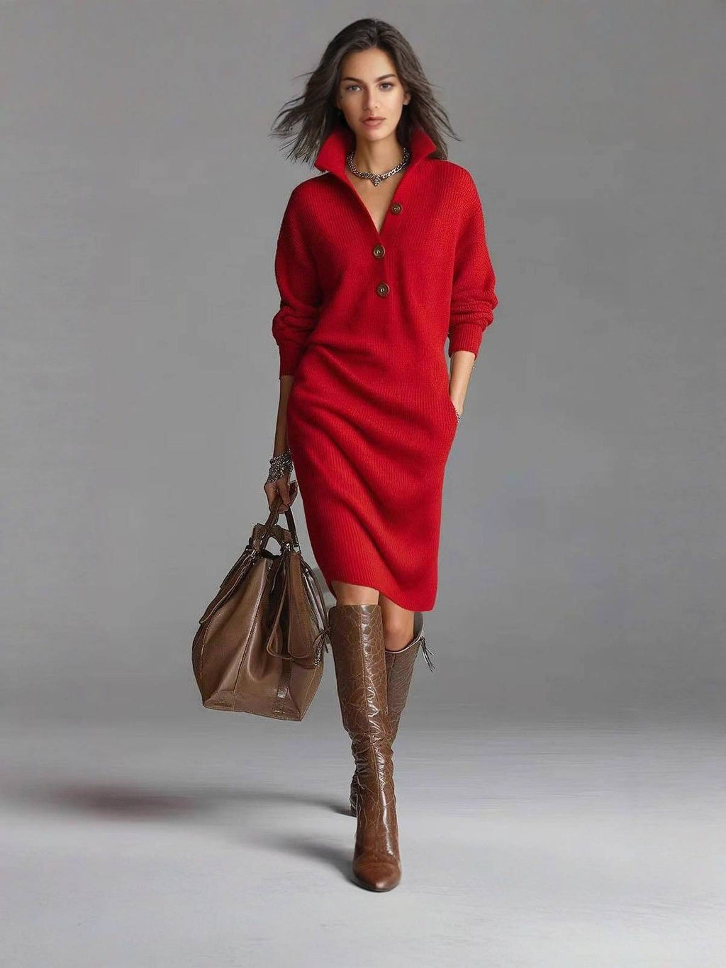 Women's Ribbed Knit Sweater Dress with Buttoned Stand Collar